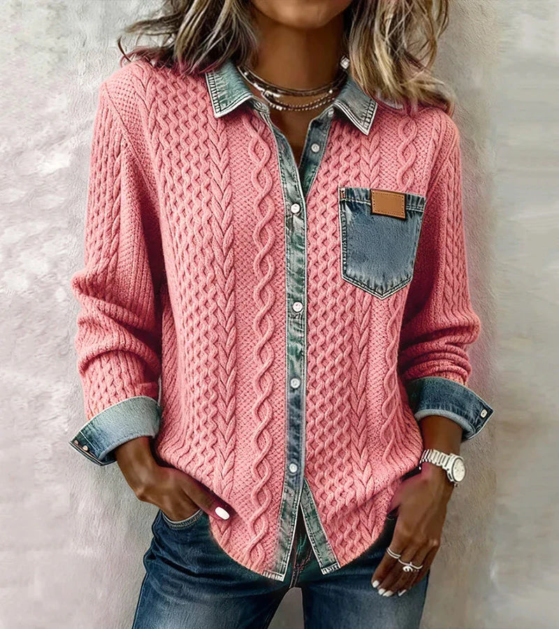 Tessa | Denim Gebreide Knopen Cardigan