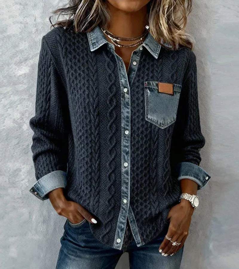 Tessa | Denim Gebreide Knopen Cardigan